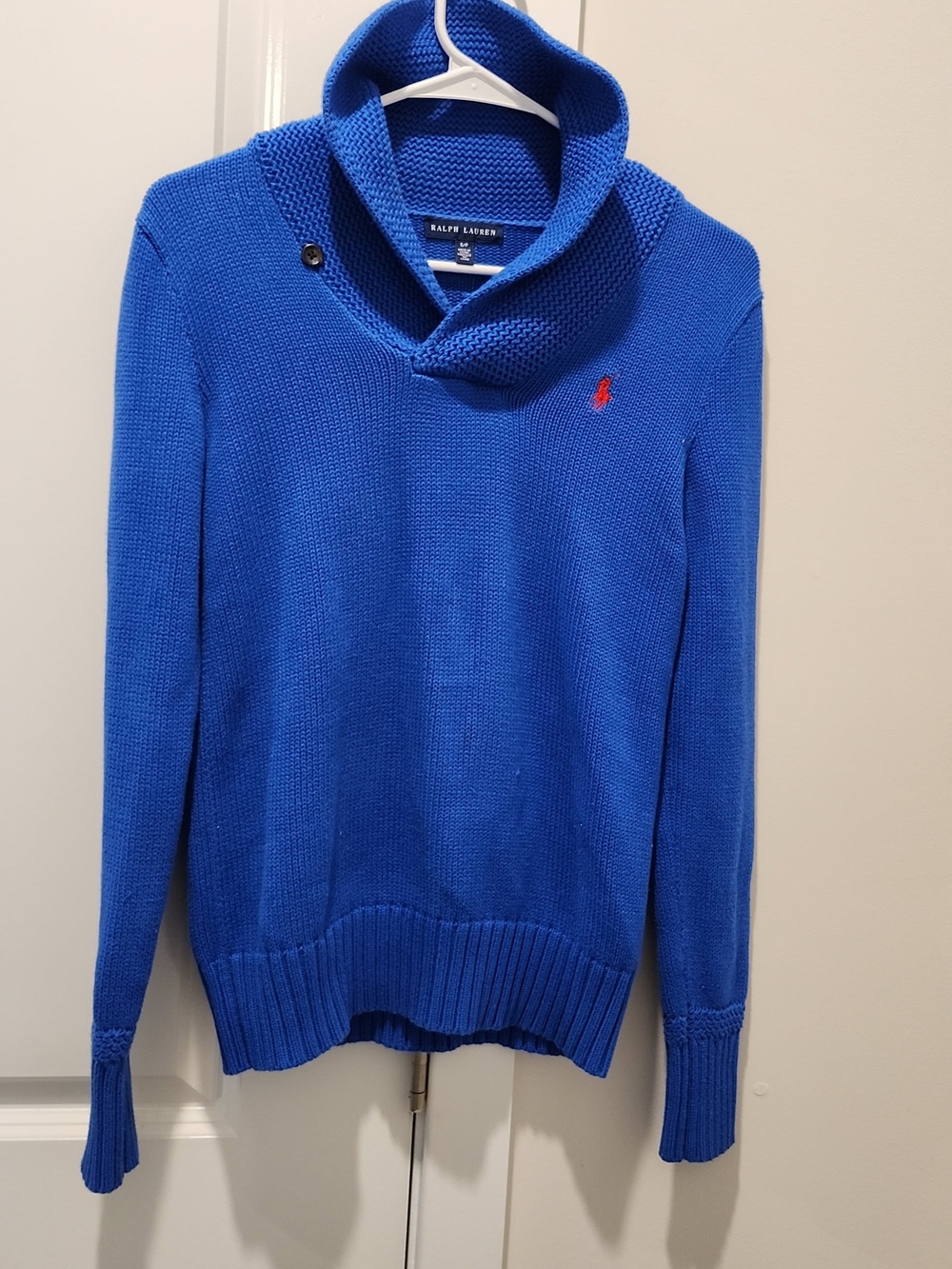 Ralph Lauren Royal Blue Shawl-Collar Knit Sweater with Red Polo Logo